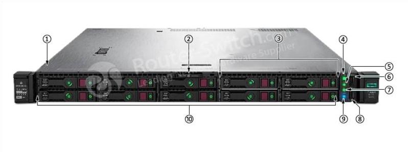 Сервер HPE DL325 Gen10 NVMe SFF, вид спереди (показаны 10 SFF NVMe) HPE DL325 Gen10 server NVMe SFF Front View (10 SFF NVMe Shown)
